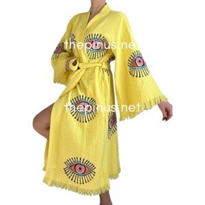 The Pinus Evil Eye Kimono Robe XS-L Hand Painted 100% Cotton, housecoat, coverup